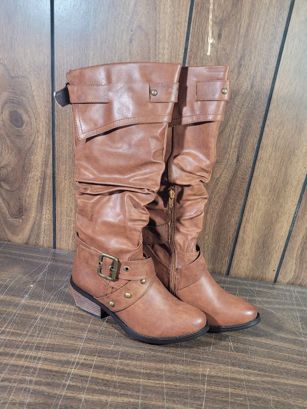 Women Boots Brown Casual Western Style 2" Heel Half Zipper Size: 9